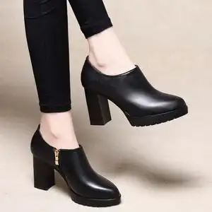 2021年新款春款防水台高跟鞋女厚底粗跟深口单鞋春秋女鞋真皮皮鞋