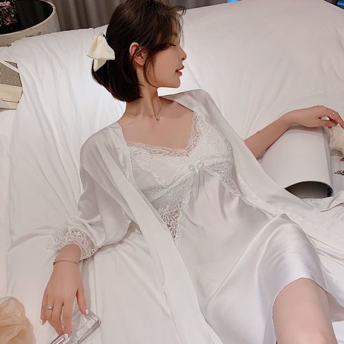 秘默性感睡衣女夏季冰丝绸吊带睡裙带胸垫睡袍两件套装家居服春秋薄款