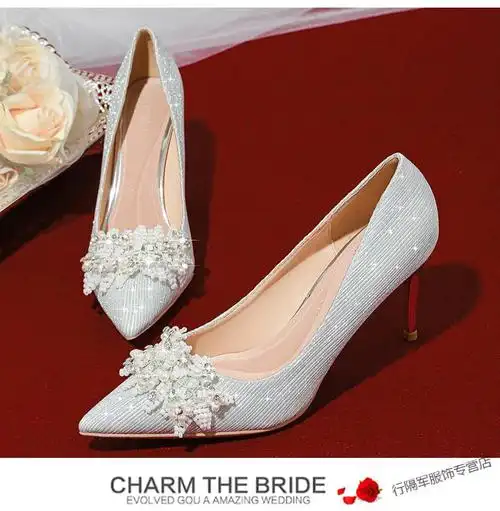 达芙妮单鞋2022银色婚鞋女新款水晶鞋公主高跟法式婚纱鞋伴娘礼服鞋