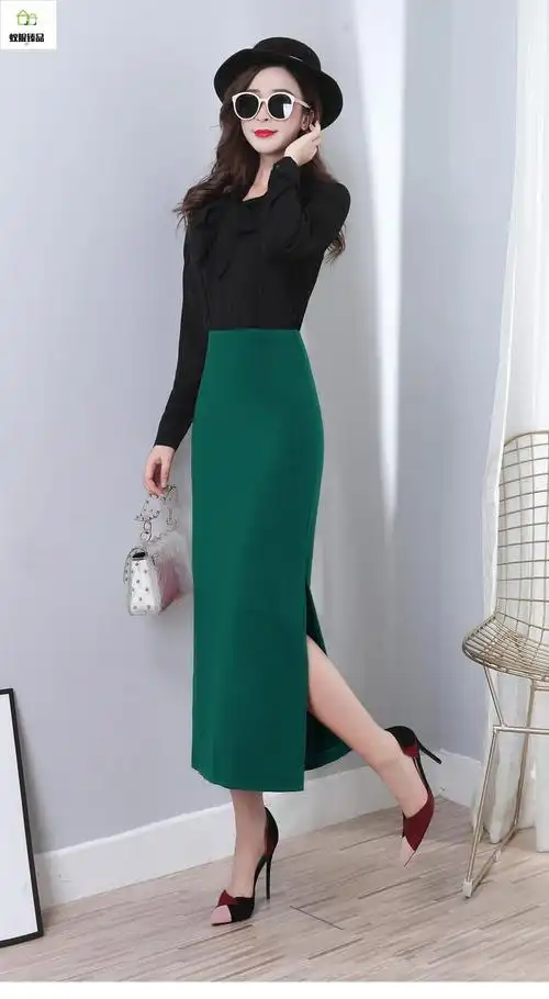 【品牌直营】女士包裙春秋季显瘦黑色半身裙高腰弹力开叉包臀裙中长款