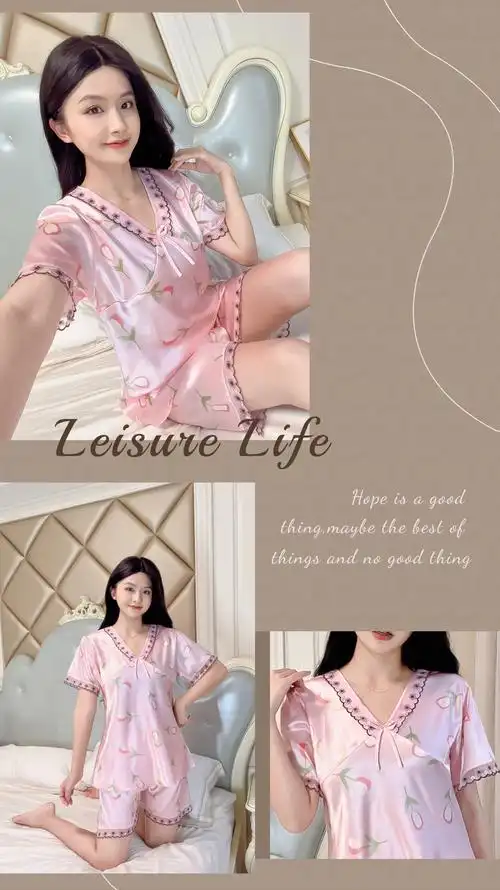 冰丝睡衣女2024新款v领夏季花边短袖夏天仿真丝绸公主风家居服套 - 17