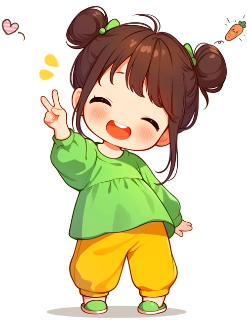 风格的插图,韩国风格的发型,头上扎着发髻,表情愉快,右手比耶手势