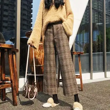 格子毛呢裤子女秋冬九分坠感阔腿风