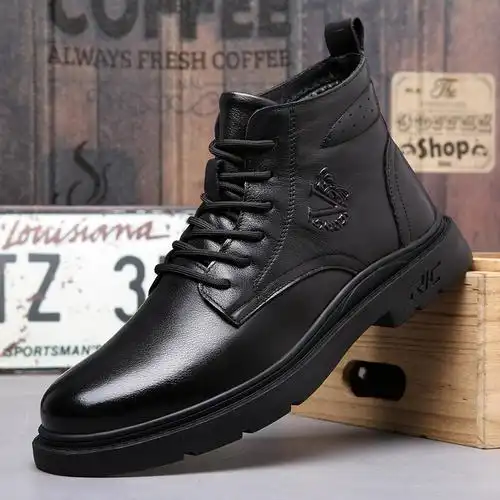 秋冬新款牛皮休闲男士靴子厚底圆头保暖冬季高帮加绒黑色棉鞋皮靴