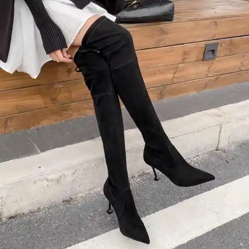 尖头过膝长靴女冬高跟靴子女2020秋款新款弹力靴长筒靴细跟丝袜靴