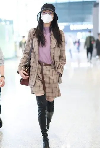 韩雪真是衣架子格纹短裤套装配紫打底洋气170穿长靴模特范