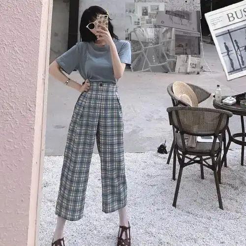 控 5 实拍实价短款棉t短袖 显瘦格子直筒裤子 套装