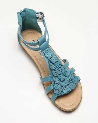 女款复古花纹后拉链蓝色凉鞋