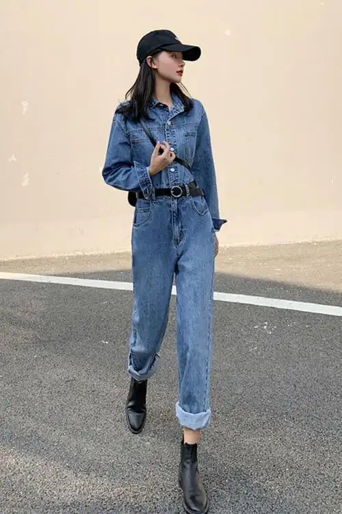 2020春季新牛仔连体裤小个子宽松显瘦泫雅裤高腰直筒工装裤女