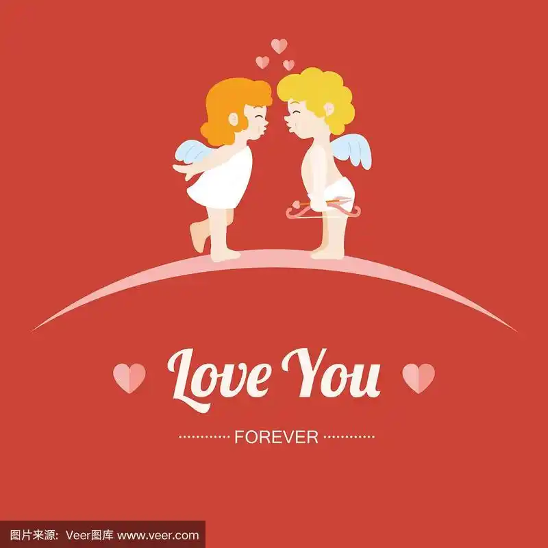 绘有丘比特女孩和丘比特男孩的文字永远爱你,矢量
