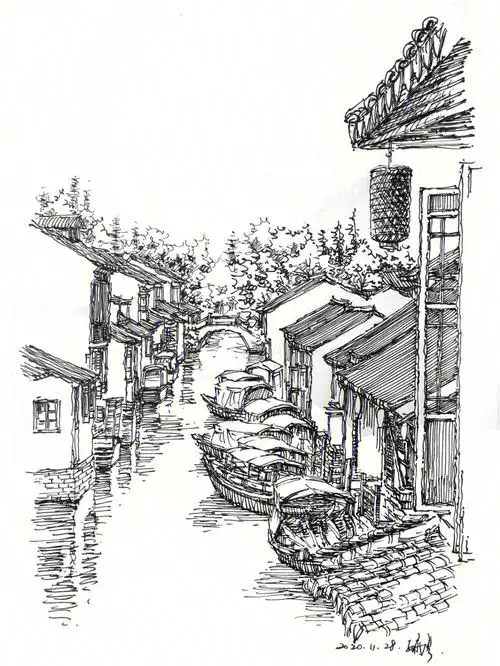钢笔速写水乡古镇