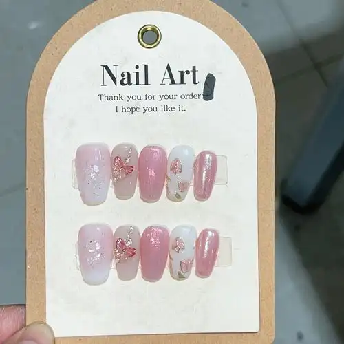 立体蝴蝶手绘小花花可爱纯手工穿戴甲美甲成品批发直播供货摆地摊