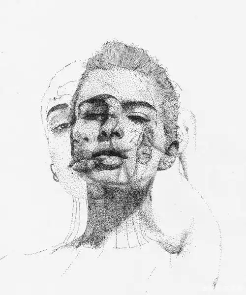 艺术家用点和线绘制的人体极简主义肖像