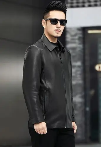 男士绵羊皮皮衣男翻领商务休闲拉链简约真皮皮夹克中老年爸爸装 黑色