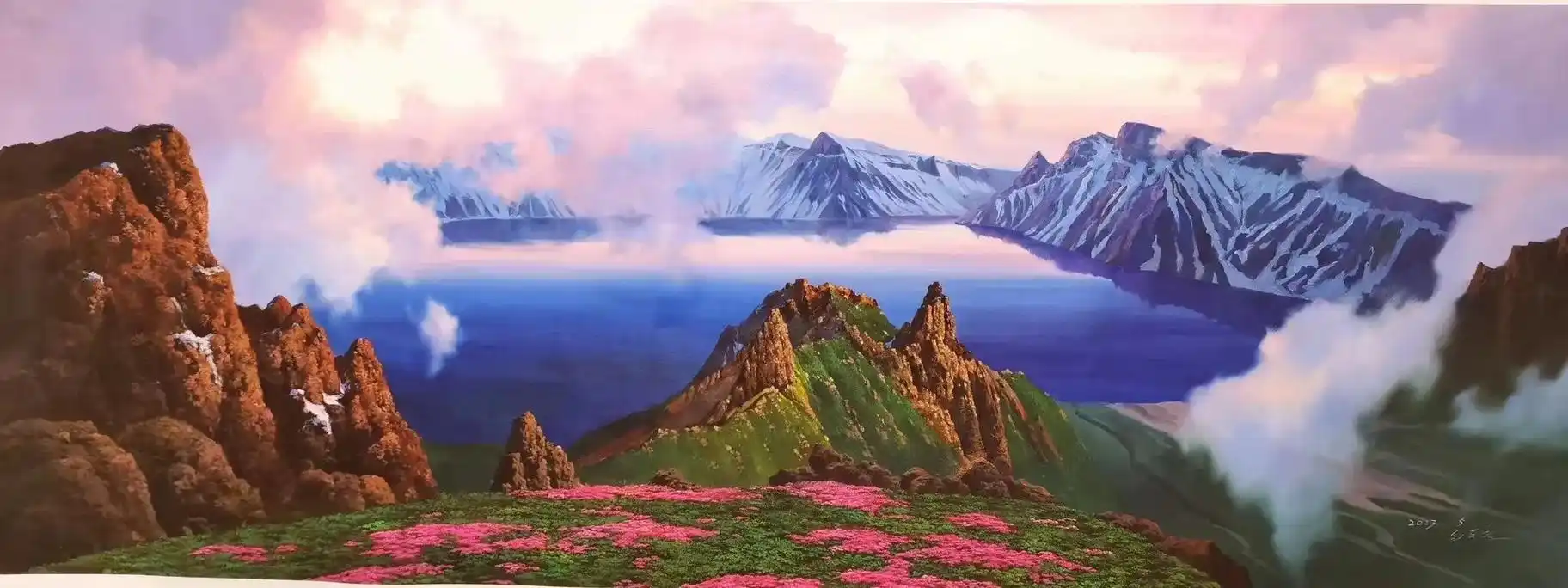 人间仙境美如画 #手绘油画 长白山天池油画#长白山天池 - 抖音