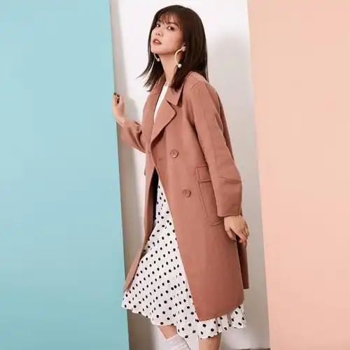 新款拉夏贝尔双面毛呢大衣女中长款冬季新款韩版双排扣百搭学生外套女