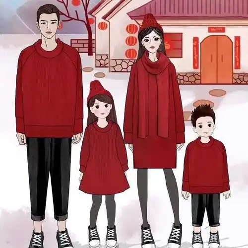 2021新品新年装亲子装一家四口姐弟装全家福加厚毛衣连衣裙喜庆红