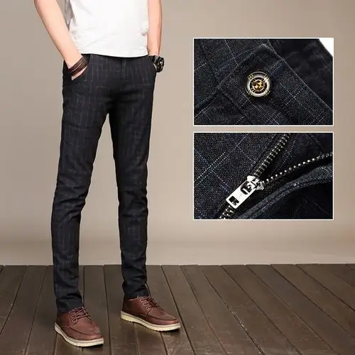 613格子休闲裤男青年修身直筒中腰裤子男