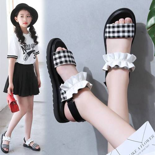 后魔术贴女童凉鞋新款一鞋两穿儿童凉鞋小学生时尚女孩中大童凉鞋黑白