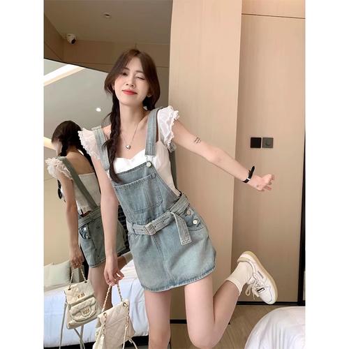 甜美少女设计感背带牛仔裙女新款做旧水洗收腰显瘦减龄a字短裙裤