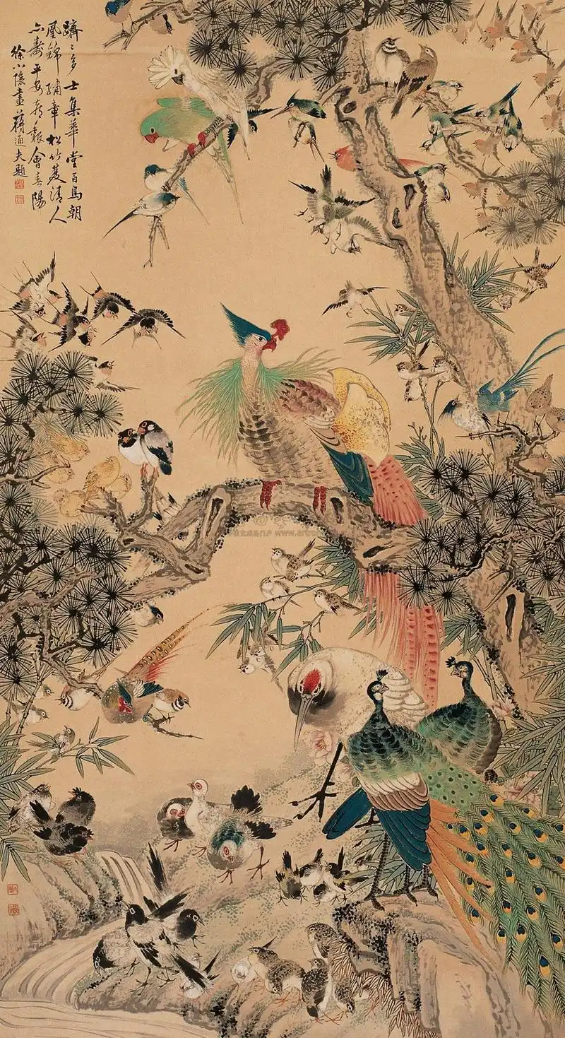 【百鸟朝凤图 轴 设色纸本】拍卖品_图片_价格_鉴赏_绘画_雅昌艺术品