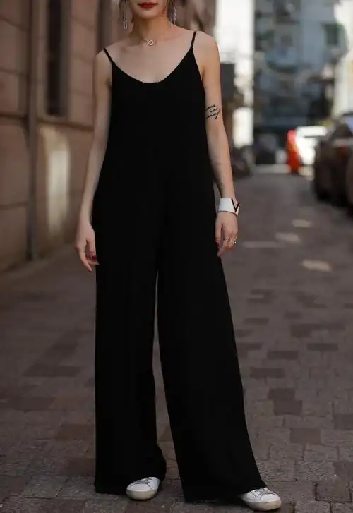 2018夏季新款黑色宽松舒适高腰吊带女式休闲裤连体裤