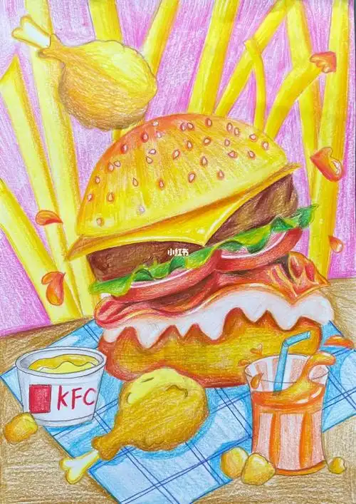 92薯条93炸鸡95饮料04奶酪0615来一份kfc套餐#彩铅绘画
