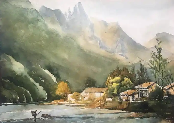 《暖春》水彩画38x53cm  马明珠