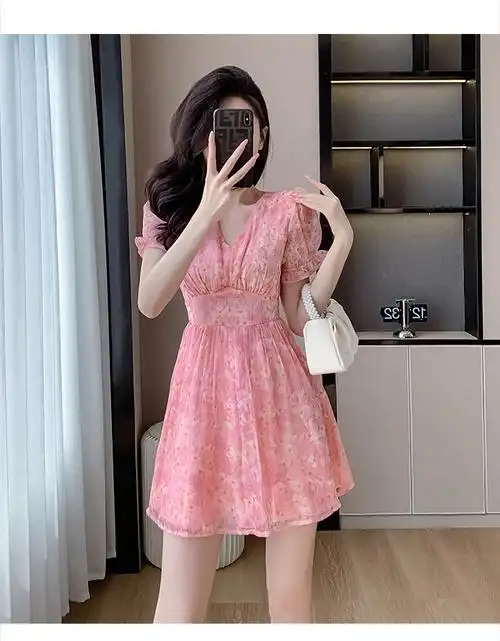 2024新款夏季粉色雪纺小个子连衣裙收腰显高温柔风气质高级感裙