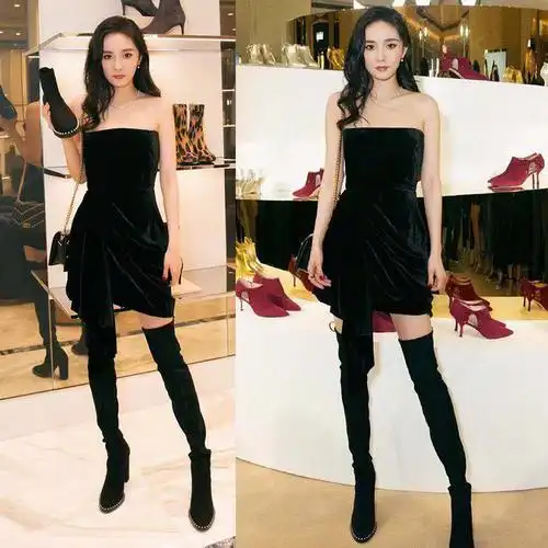 杨幂明星同款黑色绒面长靴女秋冬过膝瘦腿高筒靴珍珠高跟长筒靴子