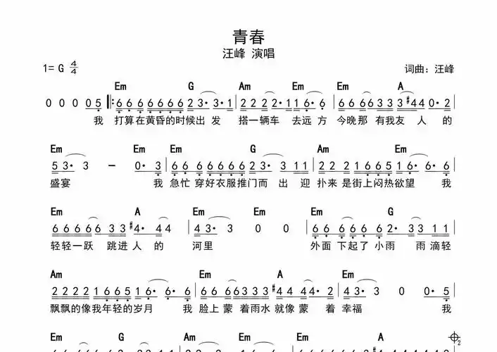 汪峰《青春》简谱 - 带和弦级数第1张