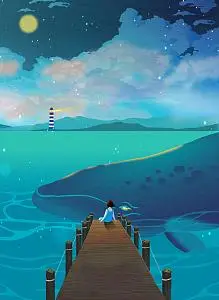 夏季夜色唯美等待归来创意水彩图