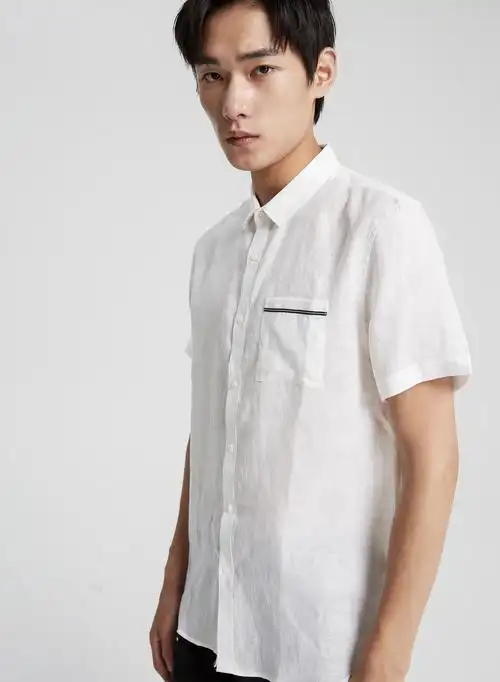 mecity男装夏季亚麻亲肤潮流韩版轻薄短袖白衬衫男士商务衬衣 安琪蓝