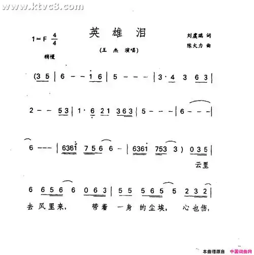 英雄泪简谱-王杰演唱-刘虞瑞/陈大力词曲1
