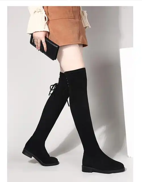 嘉钦高筒靴弹力布大码女靴冬季过膝长靴女真皮平底显瘦加绒长筒靴黑色