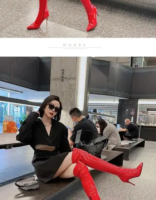 漆皮过膝长靴高跟女网红靴子亮面长筒靴性感大腿靴爵士舞尖头细跟