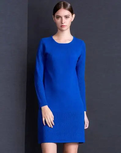 女士宝蓝色纯羊绒镂空优雅女士连衣裙