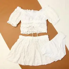 白色蕾丝分体裙式比基尼三件套保守游泳衣女微胖女孩遮肉度假泳装