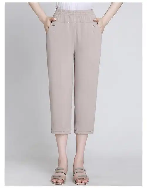 女士夏天中年休闲七分裤妈妈裤子夏季40岁50岁薄款高腰弹力直筒中裤外