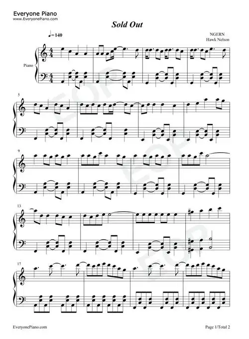 sold out-c调简单版-hawk nelson五线谱预览1