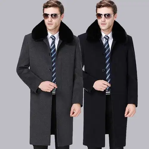 退换无忧]春秋中老年羊毛呢大衣男中长款加厚羊绒爸爸长款过膝风衣