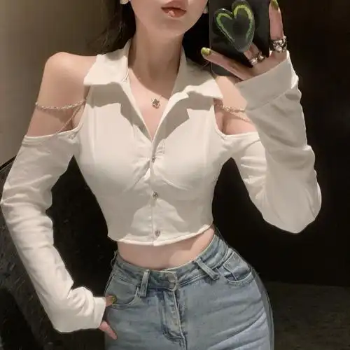 实拍实价~新款设计感翻领链条露肩短款衬衫露腰绑带显瘦衬衣女 - 17网