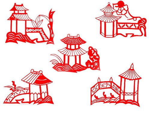 建筑 红色剪纸墙贴玻璃贴装饰画纯手工刻纸红宣纸a4纸大小 亭子