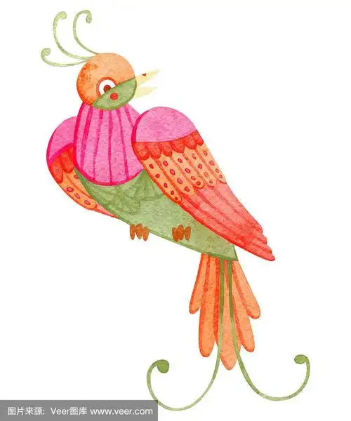 可爱的水彩画小天堂鸟.童话手绘插图.孤立在白色的.