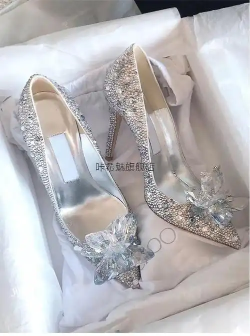 灰姑娘水晶婚鞋银色高跟鞋婚纱新娘鞋满钻水钻单鞋女银色蓝花6厘米34