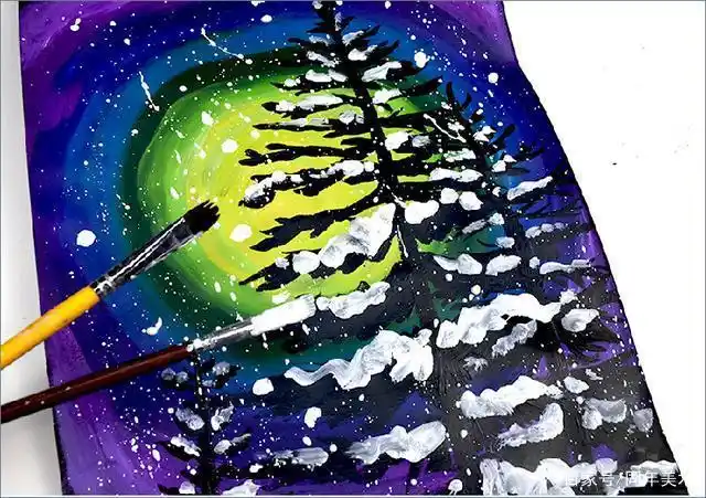 创意少儿美术教程丨创意儿童画/水粉画:极光森林