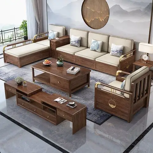 新中式现代简约胡桃木两用冬夏转角贵妃储物客厅组合实木沙发