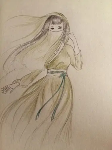 手绘 彩铅 面纱 女子