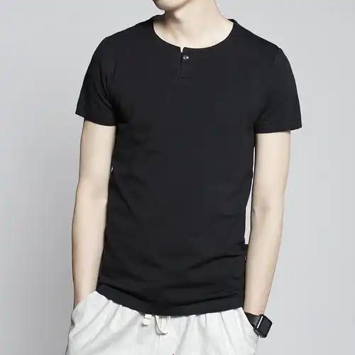 新款夏季豆绿色短袖男纯棉纯色韩版白色半袖带扣弹力圆领t恤男潮