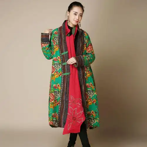 新款夹棉民族风秋冬女装中长款棉麻印花棉衣外套中国风妈妈棉袄花